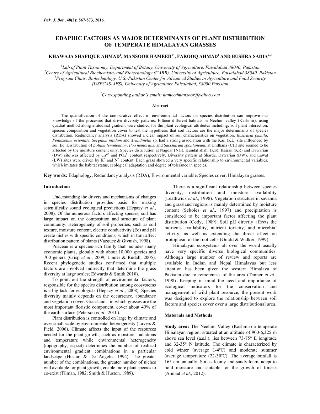 Edaphic Factors As Major Determinants of Plant Distribution of Temperate Himalayan Grasses