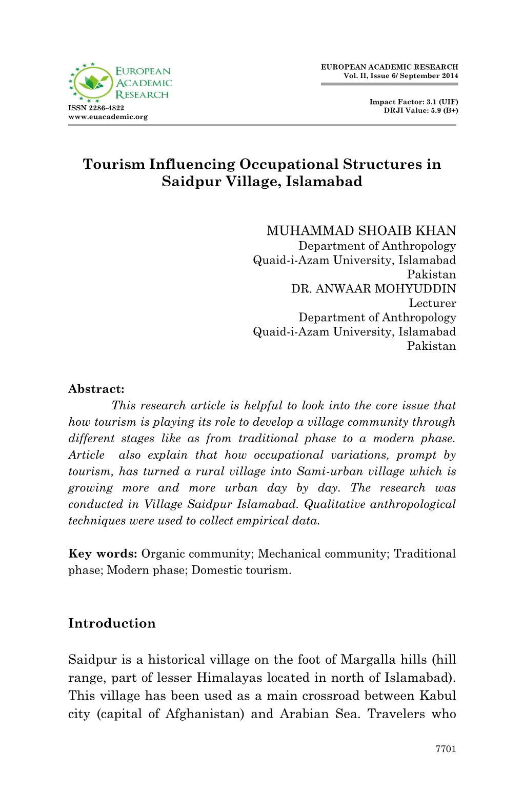 Tourism Influencing Occupational Structures in Saidpur Village, Islamabad