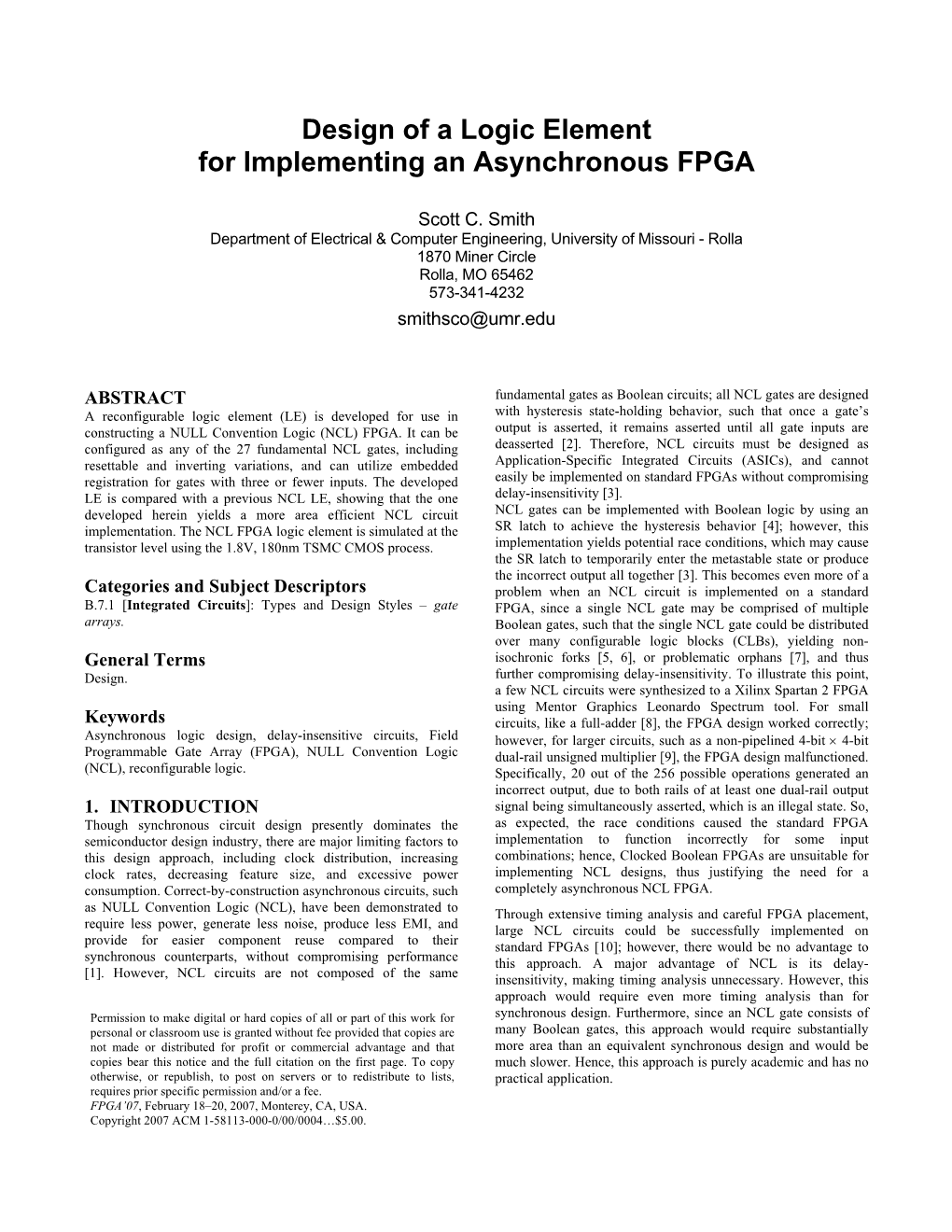 Design of a Logic Element for Implementing an Asynchronous FPGA