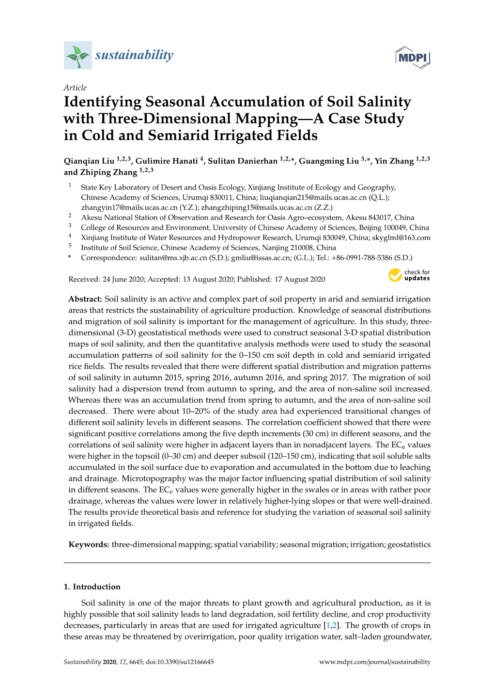 Identifying Seasonal Accumulation of Soil Salinity with Three-Dimensional Mapping—A Case Study in Cold and Semiarid Irrigated Fields