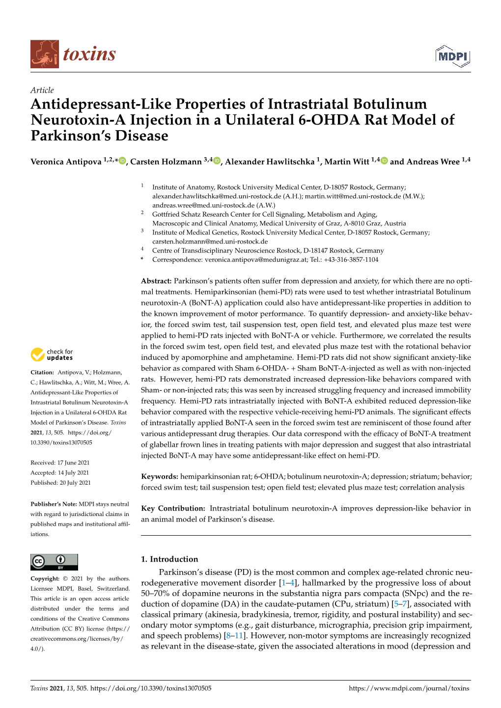 Antidepressant-Like Properties of Intrastriatal Botulinum Neurotoxin-A Injection in a Unilateral 6-OHDA Rat Model of Parkinson’S Disease