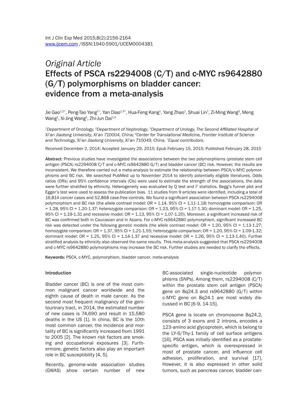 And C-MYC Rs9642880 (G/T) Polymorphisms on Bladder Cancer: Evidence from a Meta-Analysis