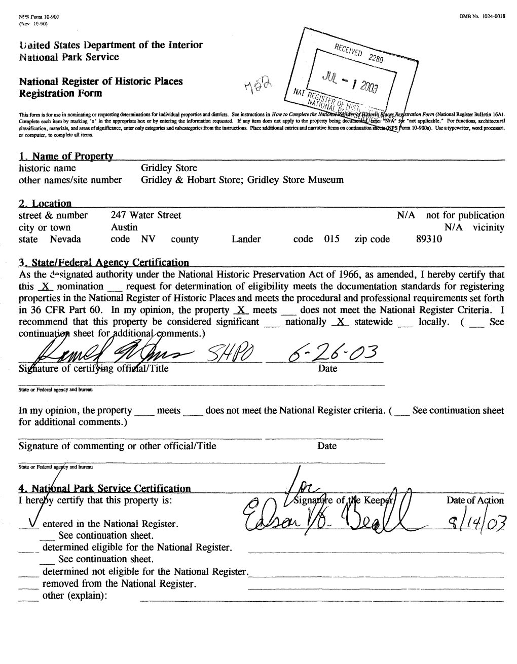 National Register of Historic Places Registration Form 4. National Park