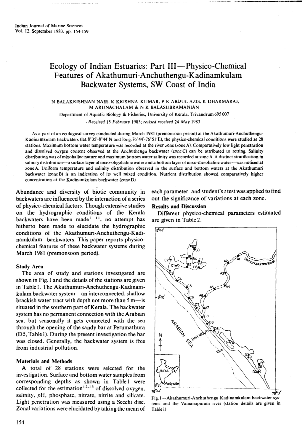 Part Ill-Physico-Chemical Features of Akathumuri-Anchuthengu-Kadinamkulam Backwater Systems, SW Coast of India