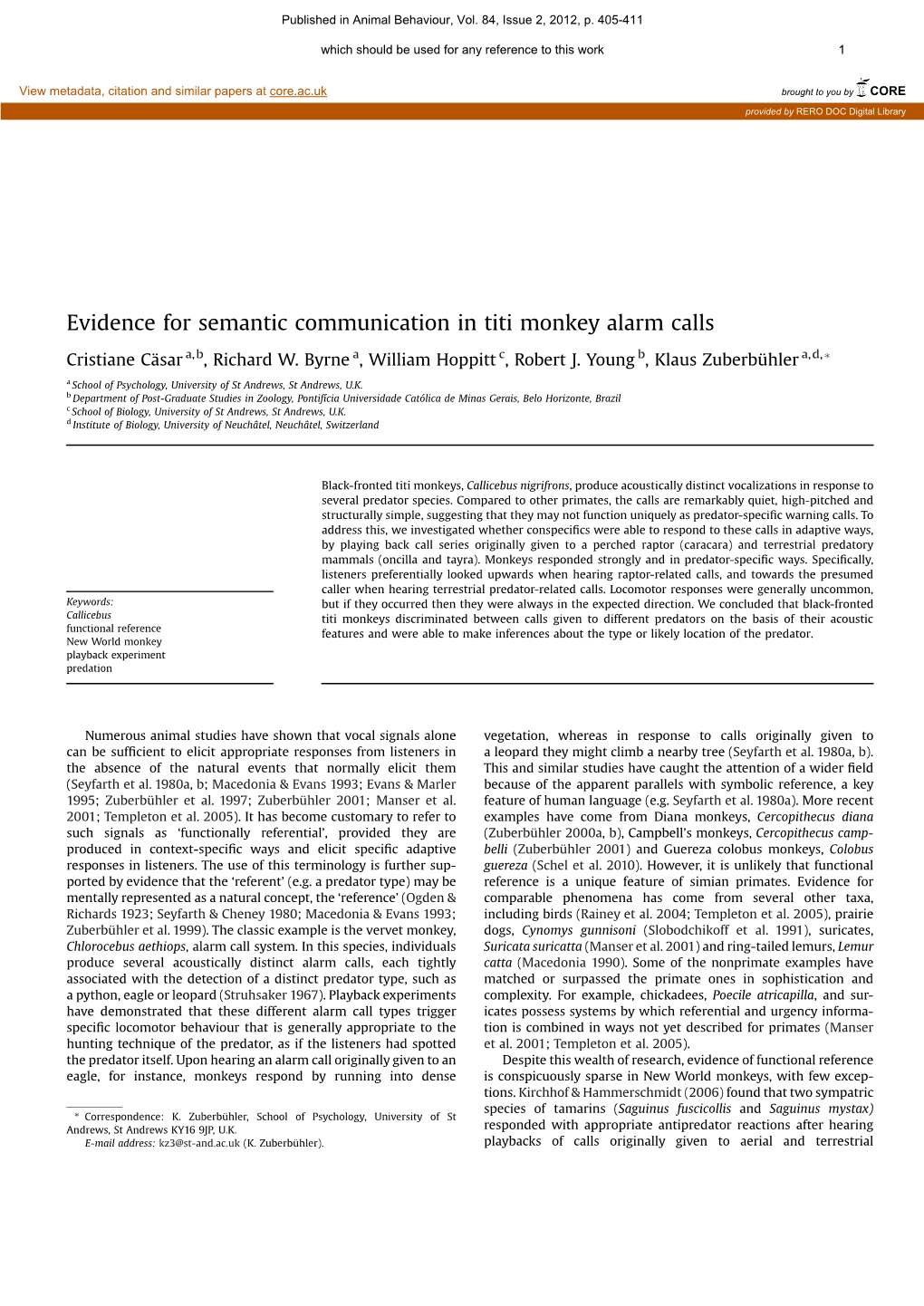 Evidence for Semantic Communication in Titi Monkey Alarm Calls