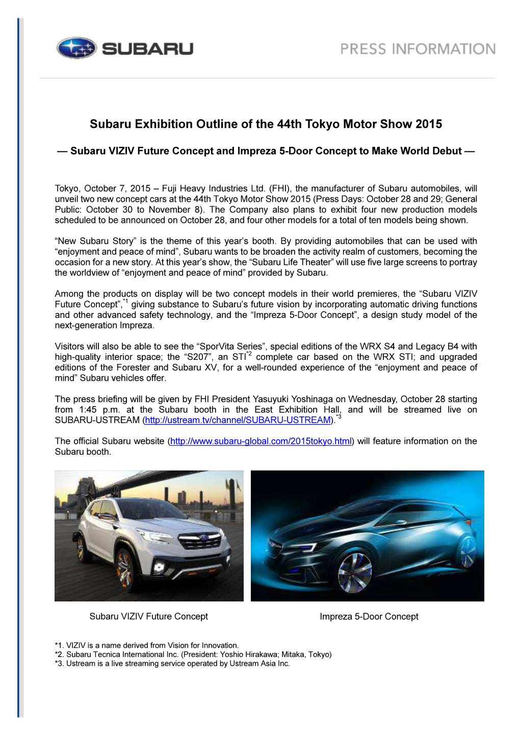Subaru Exhibition Outline of the 44Th Tokyo Motor Show 2015