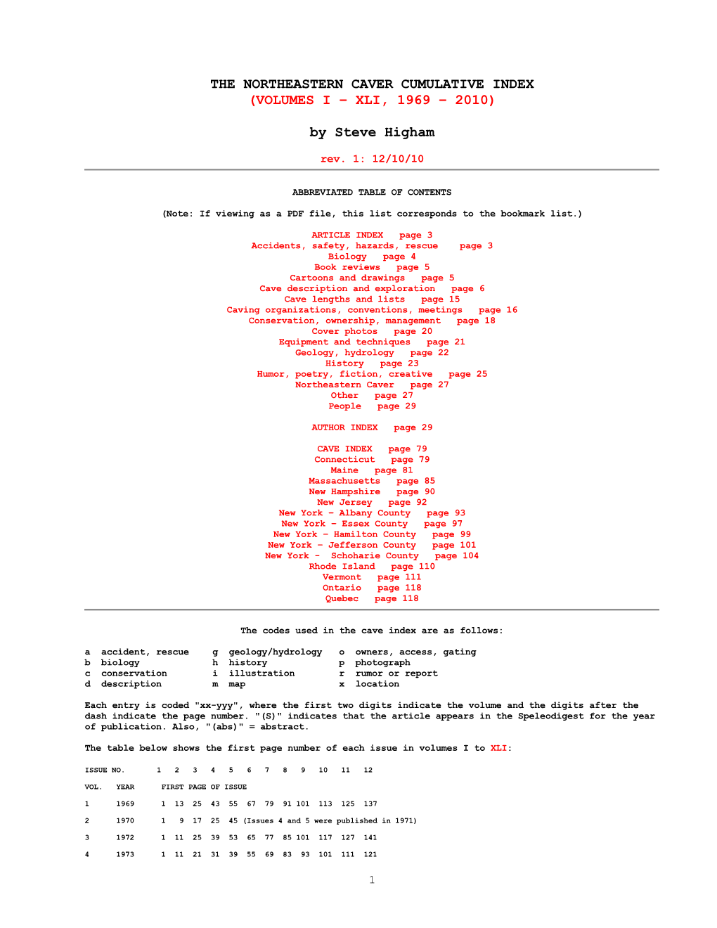 The Northeastern Caver Cumulative Index (Volumes I – Xli, 1969 – 2010)