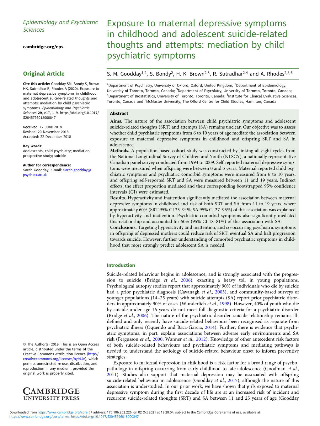 Exposure to Maternal Depressive Symptoms in Childhood and Adolescent Suicide-Related Thoughts and Attempts: Mediation by Child P