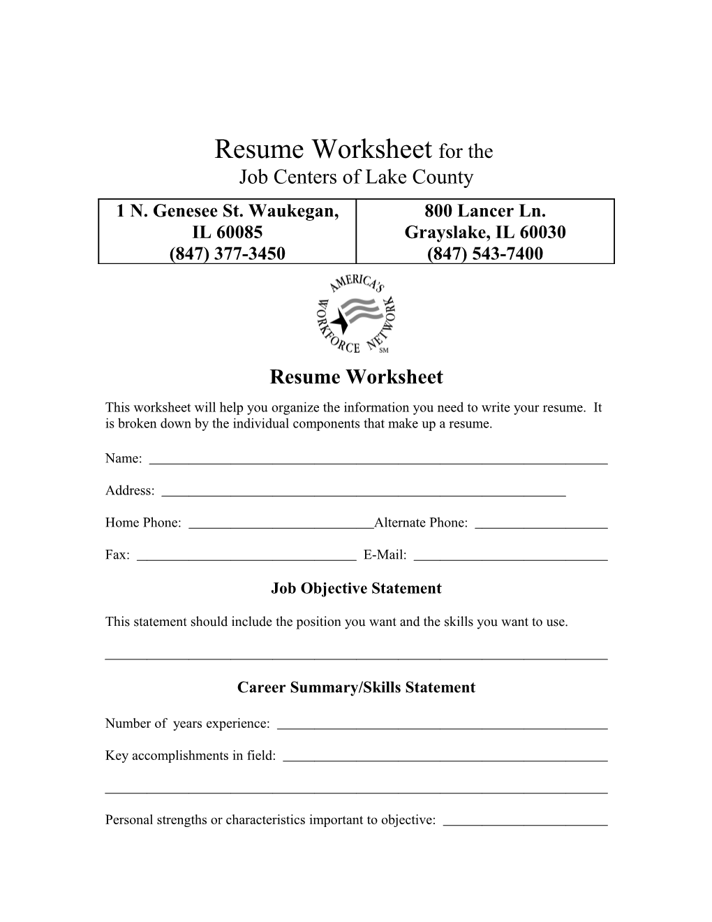 Resume Worksheet for The