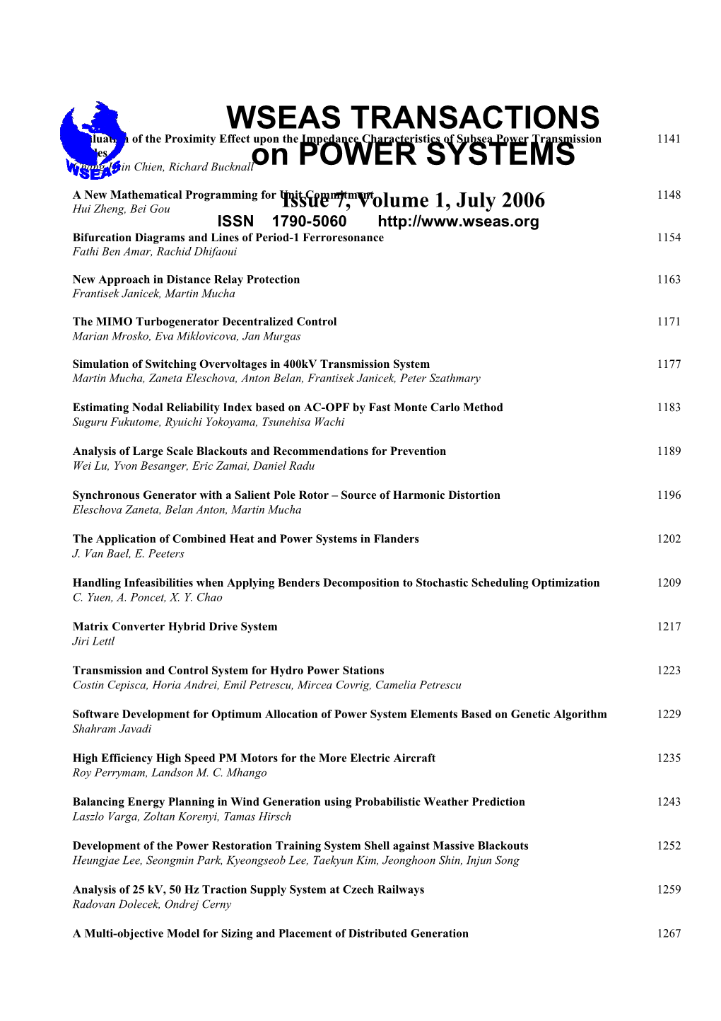 WSEAS TRANSACTIONS on POWER SYSTEMS, July 2006