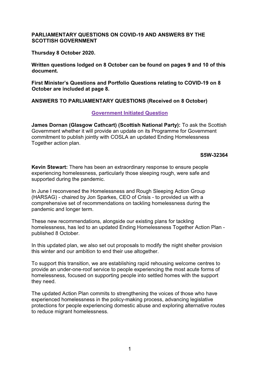 COVID-19 Question and Answer Report Thursday 8 October 2020