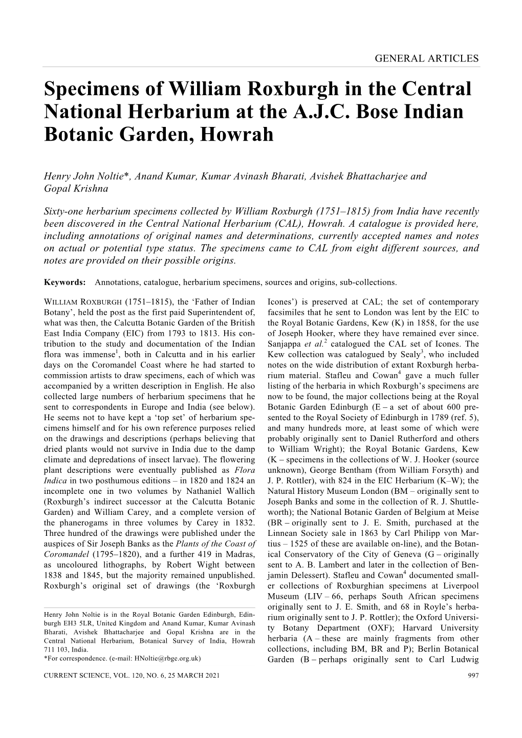 Specimens of William Roxburgh in the Central National Herbarium at the A.J.C