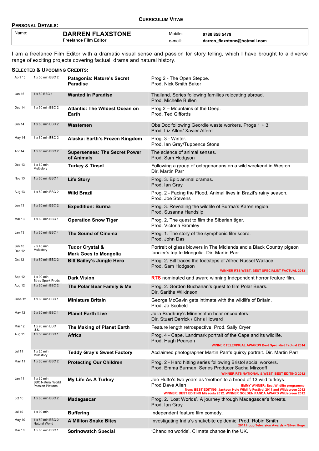 Darren Flaxstone Cv July Rev 2015