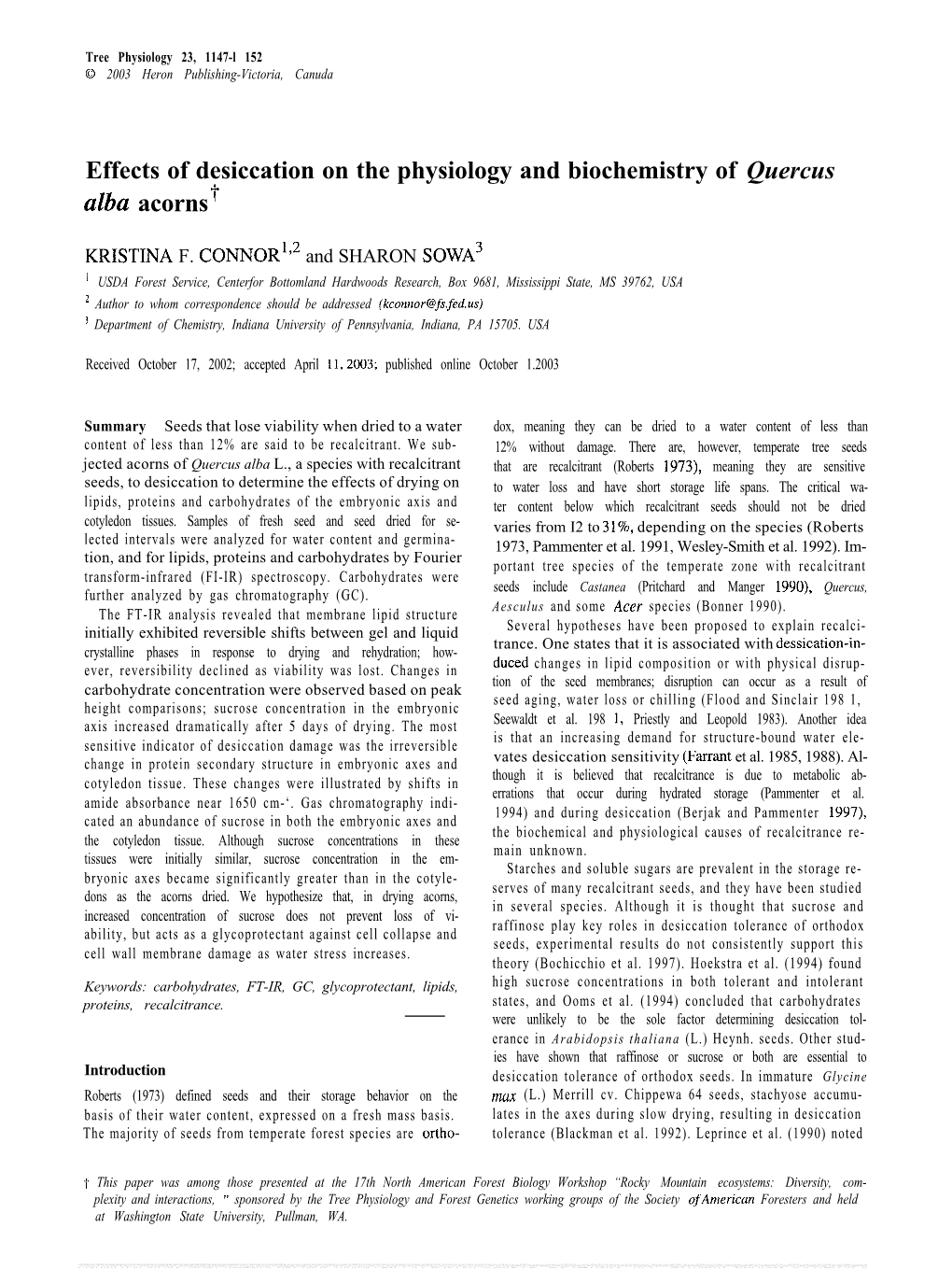 Effects of Desiccation on the Physiology and Biochemistry of Quercus Alba Acorns “R