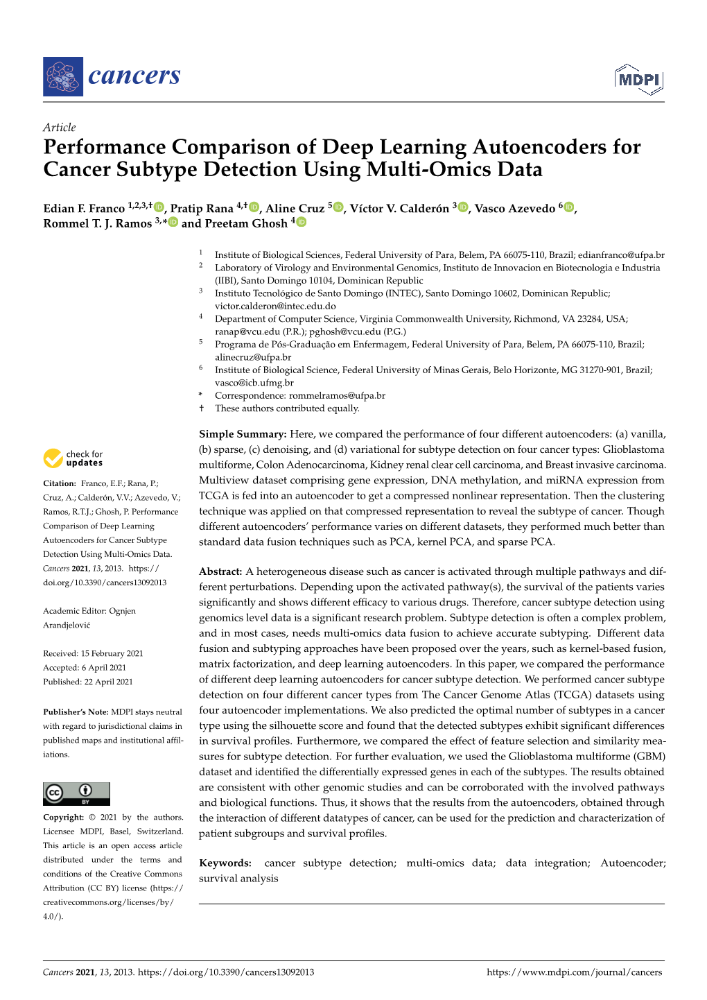 Performance Comparison of Deep Learning Autoencoders for Cancer Subtype Detection Using Multi-Omics Data