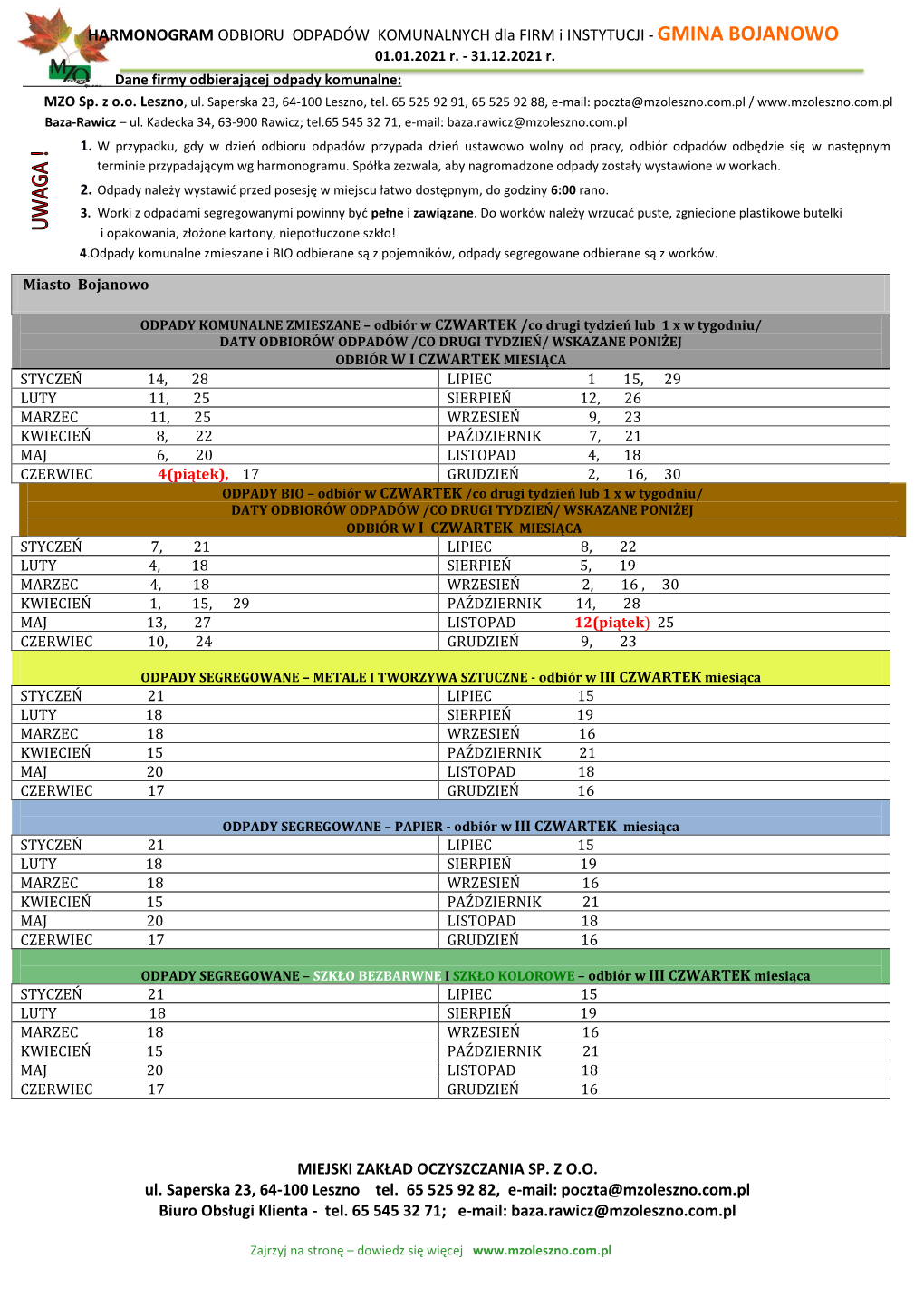 HARMONOGRAM ODBIORU ODPADÓW KOMUNALNYCH Dla FIRM I INSTYTUCJI - GMINA BOJANOWO 01.01.2021 R