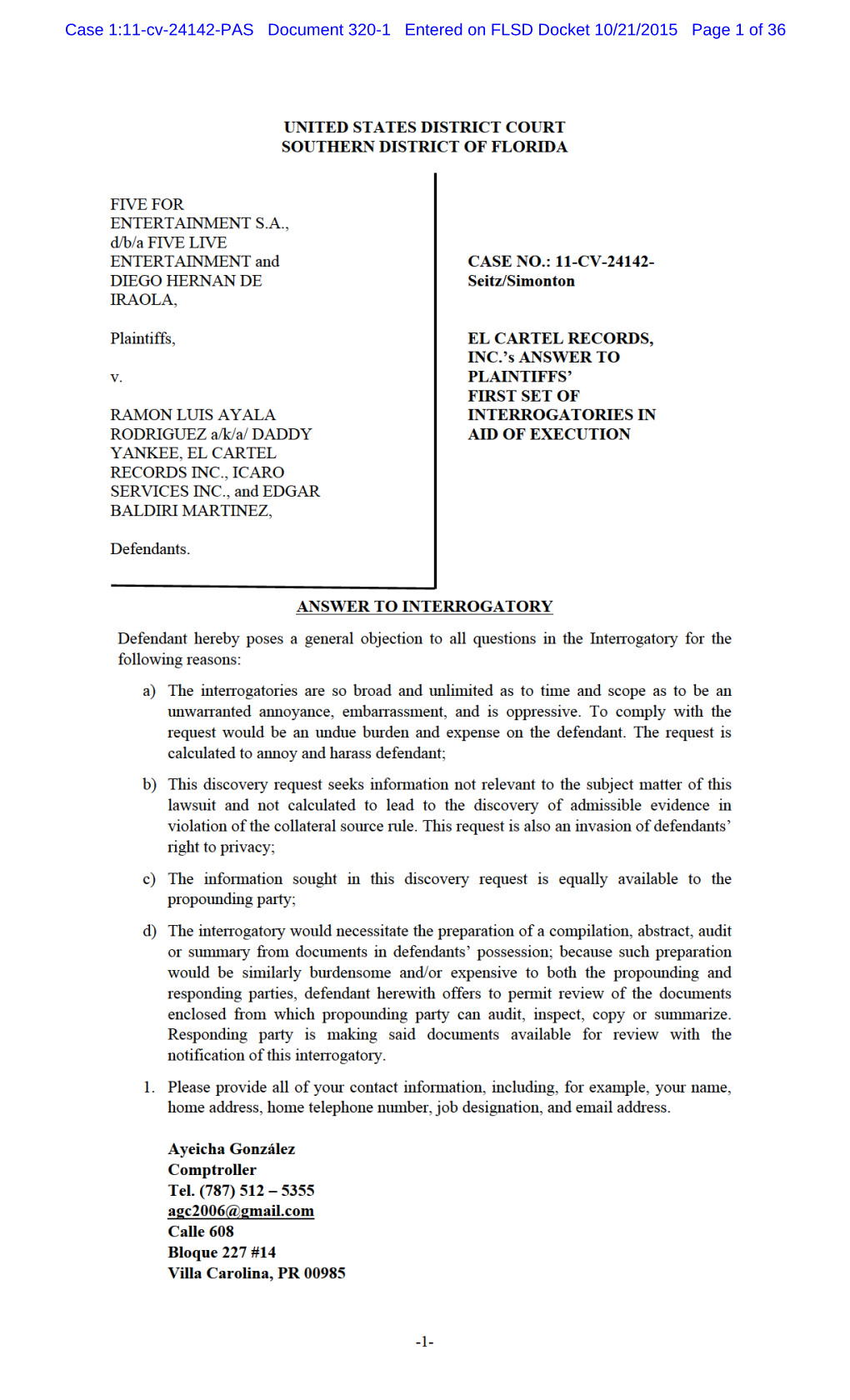 Case 1:11-Cv-24142-PAS Document 320-1 Entered on FLSD Docket 10/21/2015 Page 1 of 36