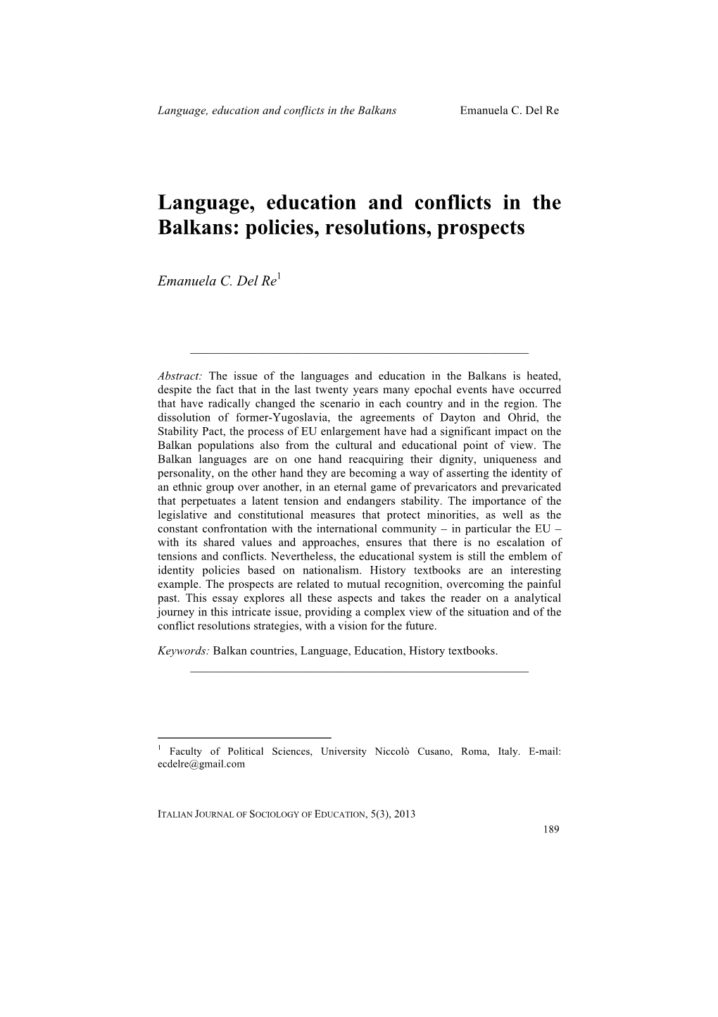 Language, Education and Conflicts in the Balkans Emanuela C
