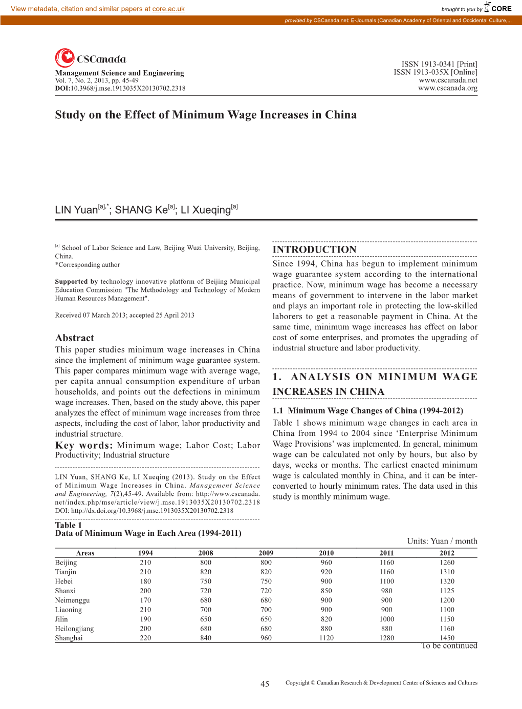 Study on the Effect of Minimum Wage Increases in China