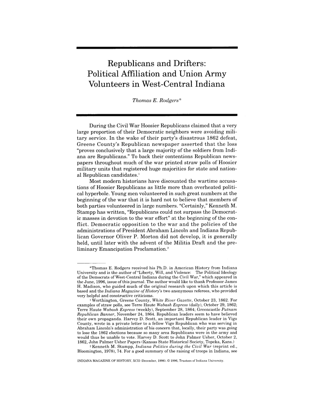 Republicans and Drifters: Political Affiliation and Union Army Volunteers in West-Central Indiana