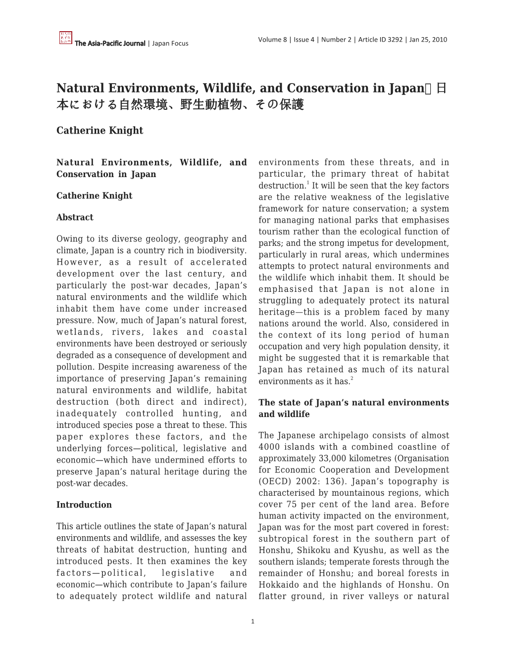 Natural Environments, Wildlife, and Conservation in Japan 日 本における自然環境、野生動植物、その保護