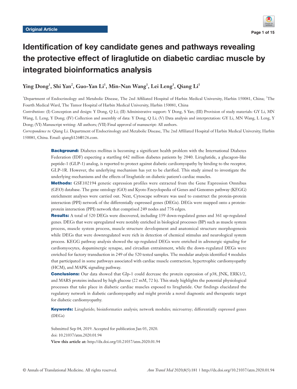 Identification of Key Candidate Genes and Pathways Revealing the Protective Effect of Liraglutide on Diabetic Cardiac Muscle by Integrated Bioinformatics Analysis