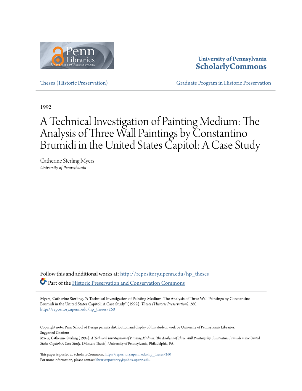 The Analysis of Three Wall Paintings by Constantino Brumidi in the United States Capitol: a Case Study Catherine Sterling Myers University of Pennsylvania