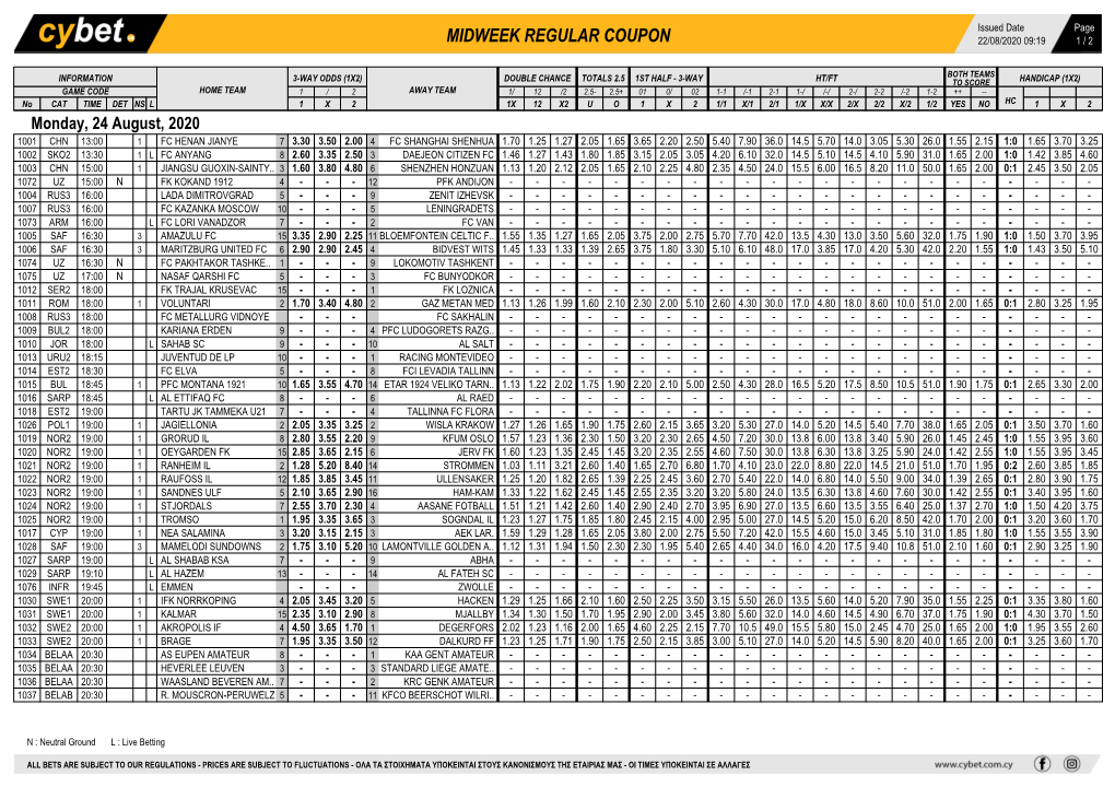 Midweek Regular Coupon 22/08/2020 09:19 1 / 2