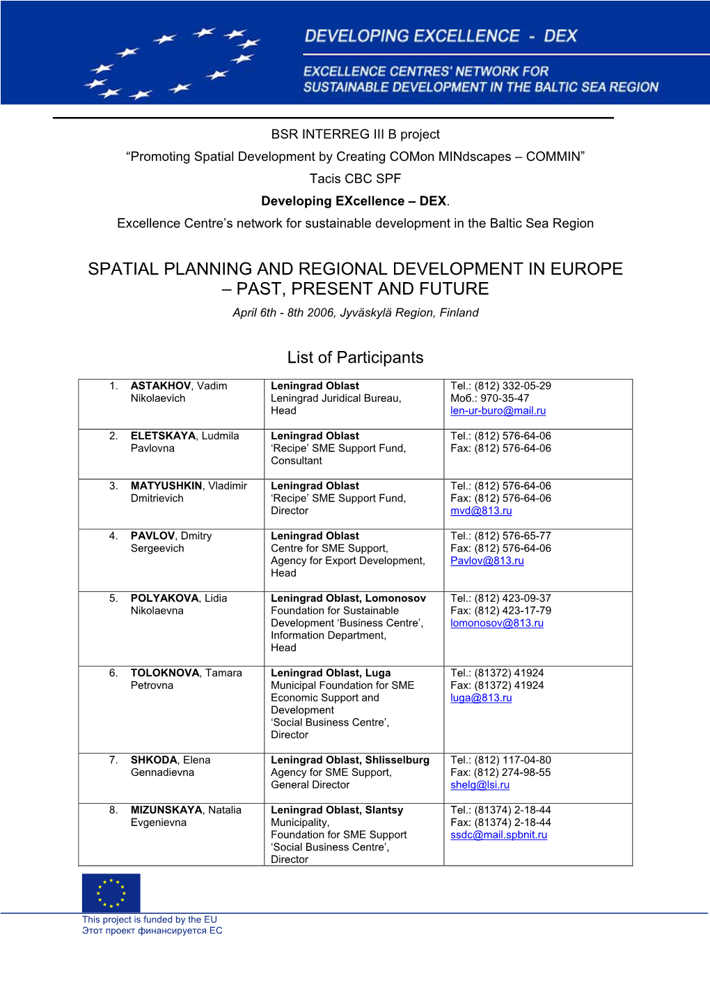 SPATIAL PLANNING and REGIONAL DEVELOPMENT in EUROPE – PAST, PRESENT and FUTURE April 6Th - 8Th 2006, Jyväskylä Region, Finland