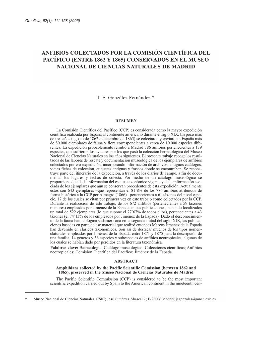 Anfibios Colectados Por La Comisión Científica Del Pacífico (Entre 1862 Y 1865) Conservados En El Museo Nacional De Ciencias Naturales De Madrid