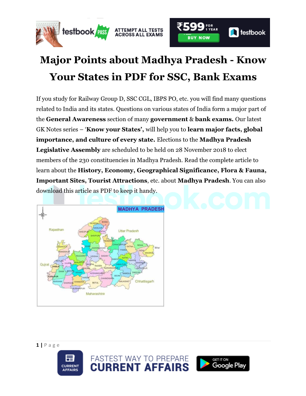 Major Points About Madhya Pradesh - Know Your States in PDF for SSC, Bank Exams