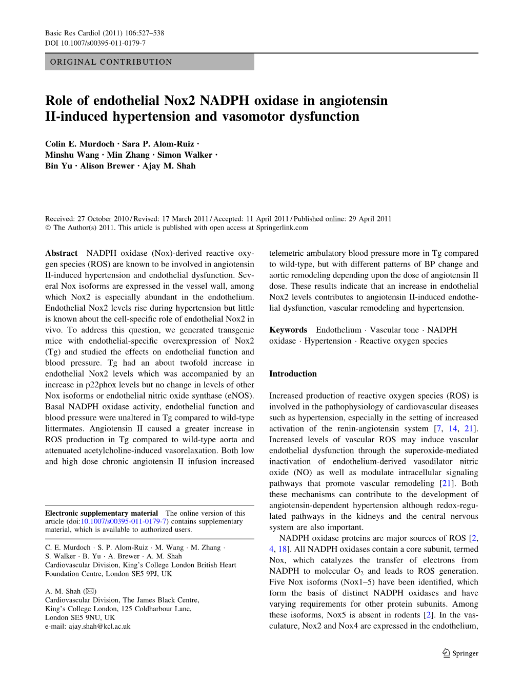 Role of Endothelial Nox2 NADPH Oxidase in Angiotensin II-Induced Hypertension and Vasomotor Dysfunction