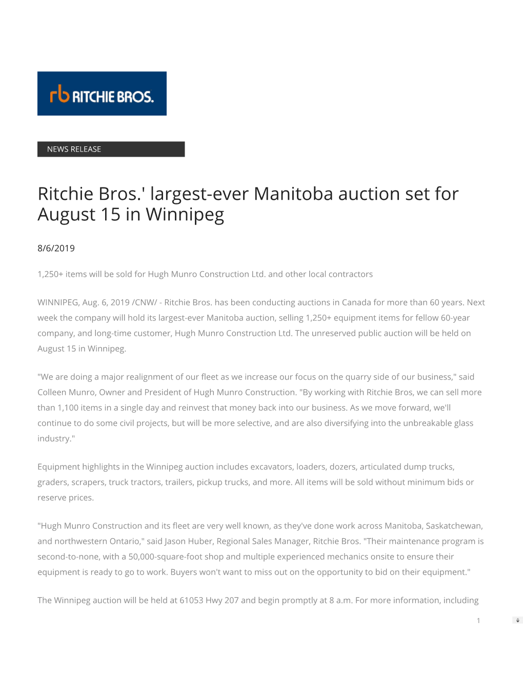 Ritchie Bros.' Largest-Ever Manitoba Auction Set for August 15 in Winnipeg