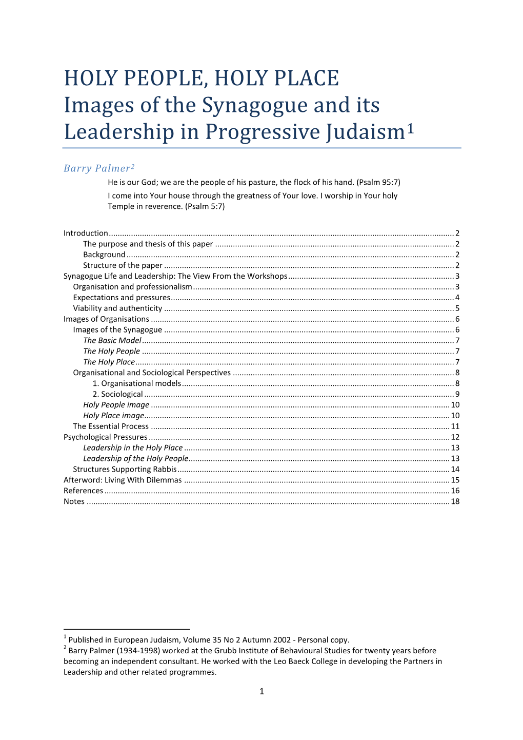 HOLY PEOPLE, HOLY PLACE Images of the Synagogue and Its Leadership in Progressive Judaism1