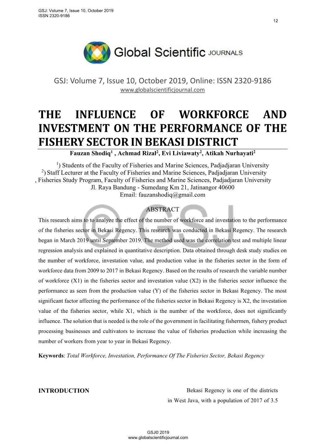 The Influence of Workforce and Investment on the Performance of the Fisherysectorinbekasidistrict