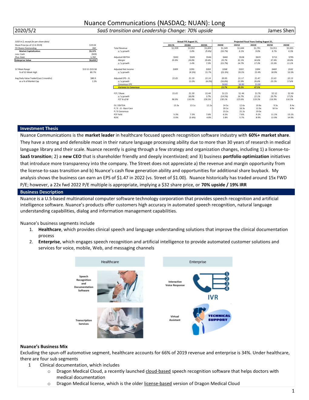 Nuance Communications (NASDAQ: NUAN): Long 2020/5/2 Saas Transition and Leadership Change: 70% Upside James Shen