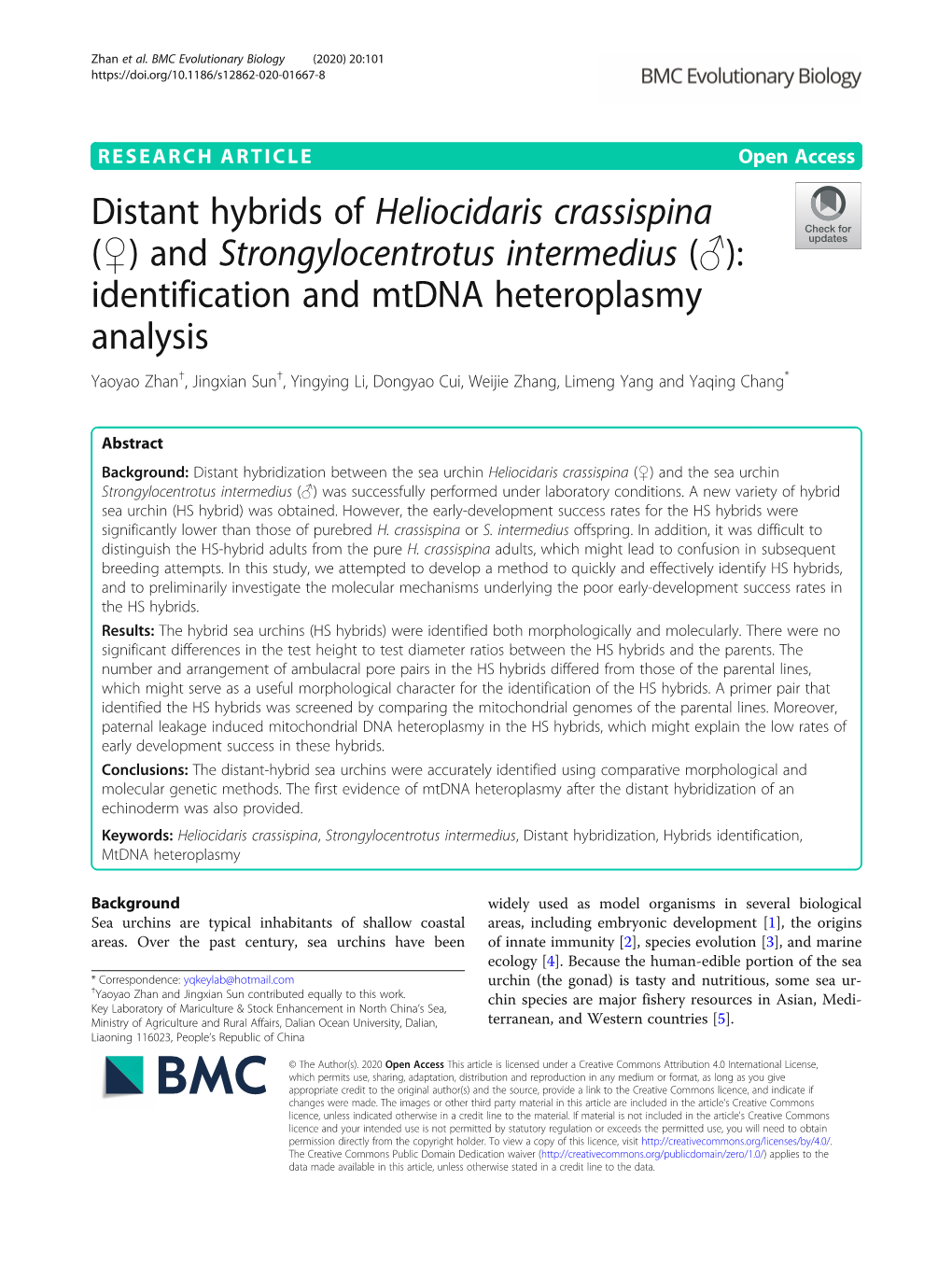 Distant Hybrids of Heliocidaris Crassispina ( ) And