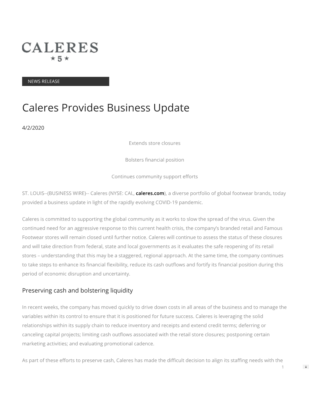 Caleres Provides Business Update