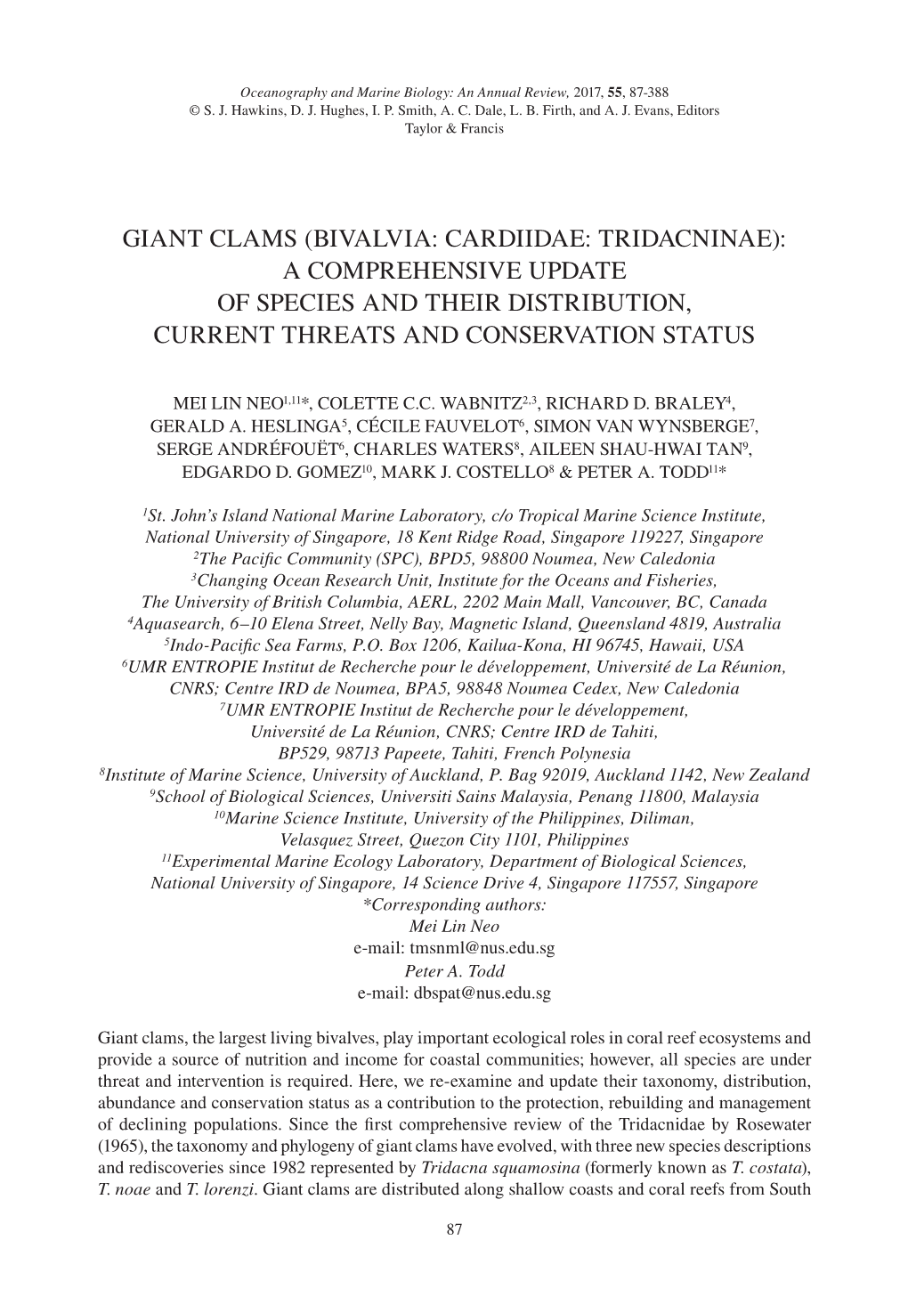 Giant Clams (Bivalvia: Cardiidae: Tridacninae): a Comprehensive Update of Species and Their Distribution, Current Threats and Conservation Status