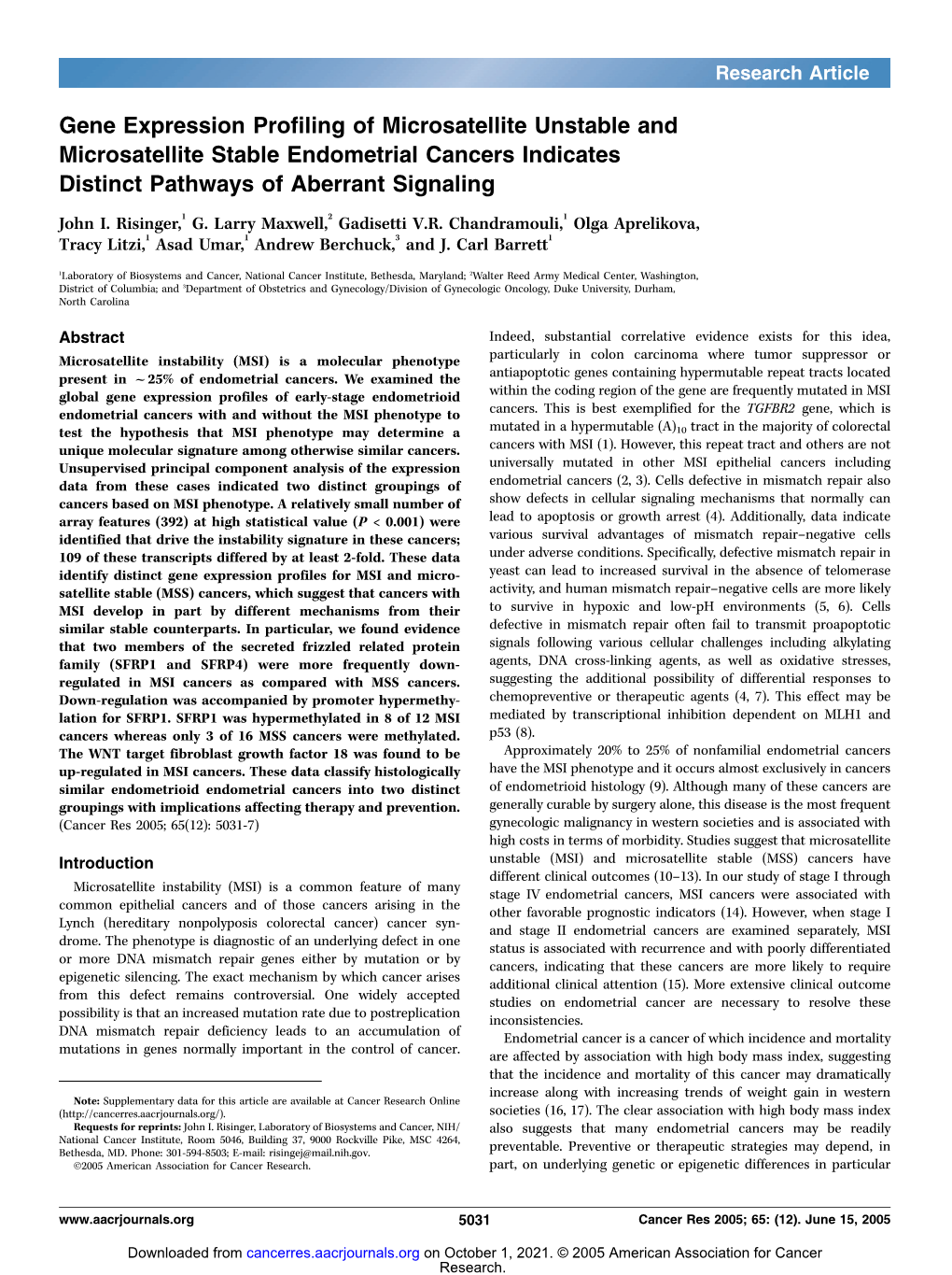 Gene Expression Profiling of Microsatellite Unstable and Microsatellite Stable Endometrial Cancers Indicates Distinct Pathways of Aberrant Signaling