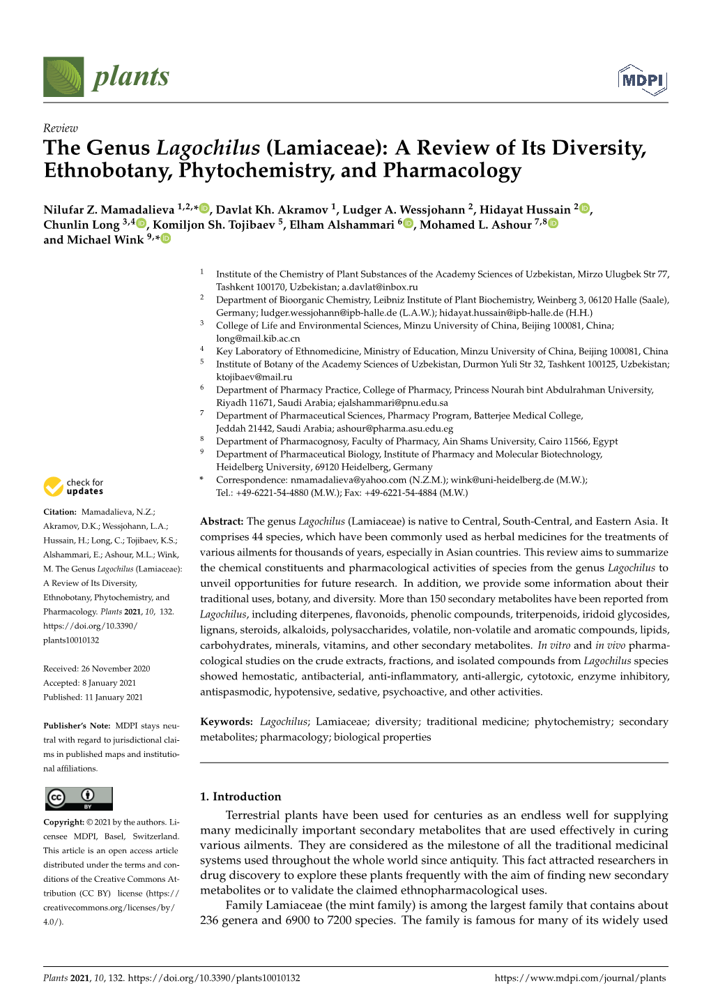 The Genus Lagochilus (Lamiaceae): a Review of Its Diversity, Ethnobotany, Phytochemistry, and Pharmacology