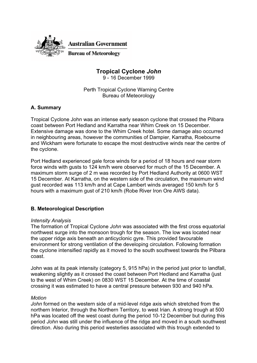 Tropical Cyclone John 9 - 16 December 1999