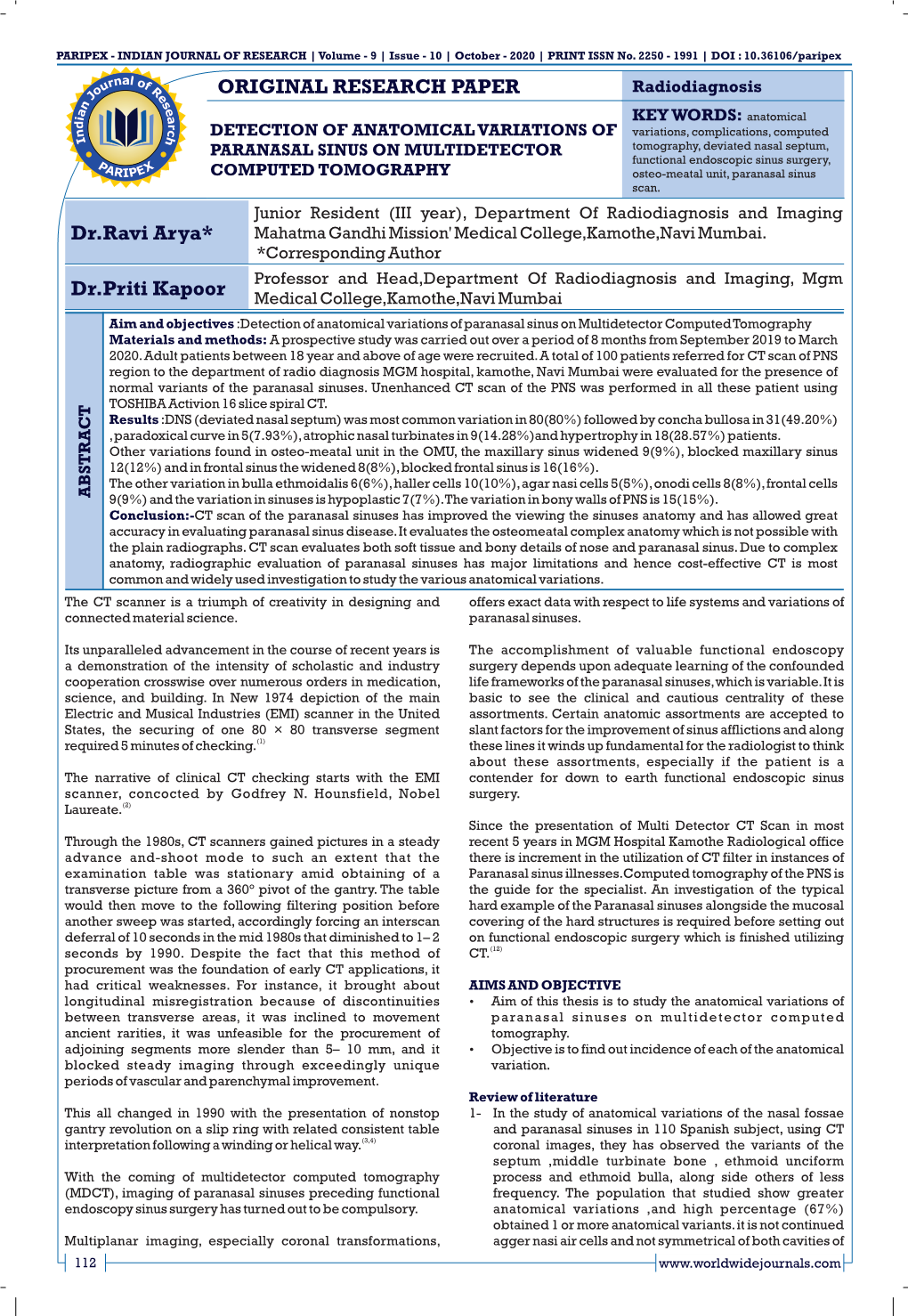 ORIGINAL RESEARCH PAPER Dr.Ravi Arya* Dr.Priti Kapoor