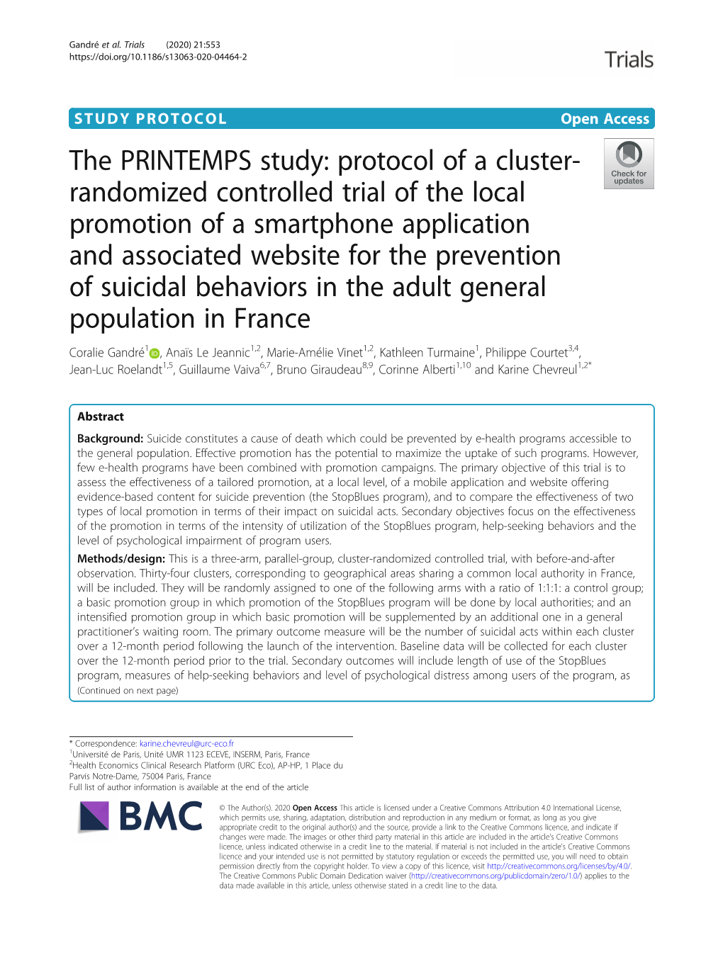 The PRINTEMPS Study: Protocol of a Cluster-Randomized Controlled Trial