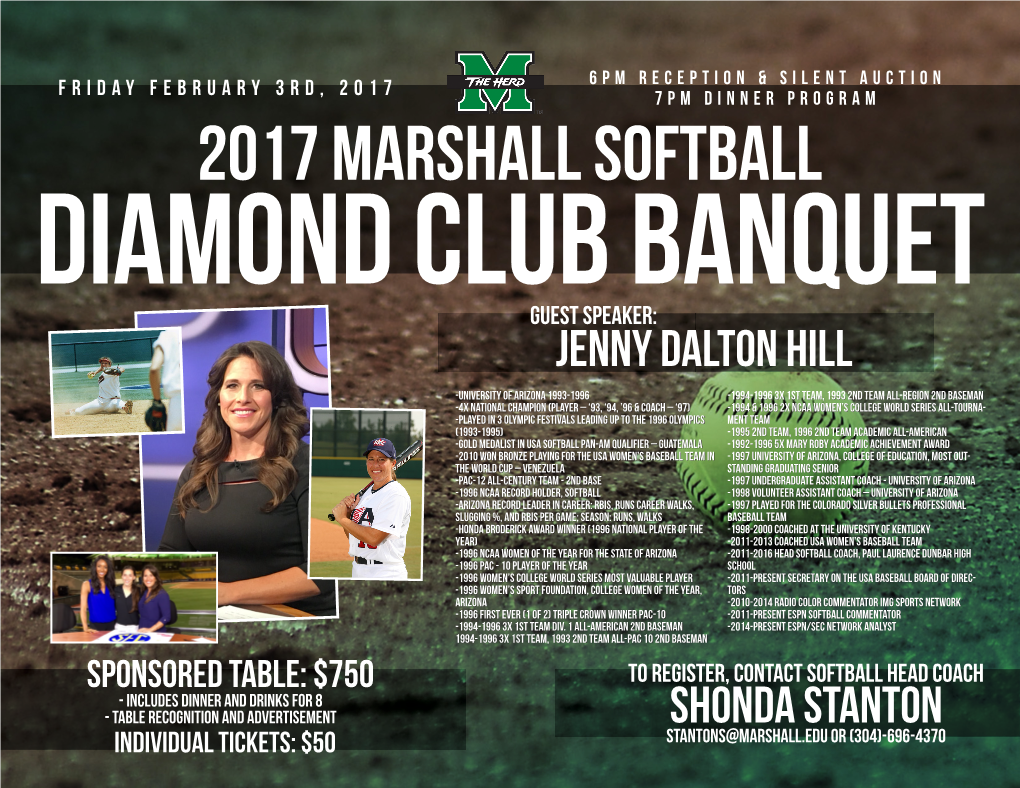 2017 MARSHALL SOFTBALL DIAMOND CLUB BANQUET Guest Speaker: Jenny Dalton Hill