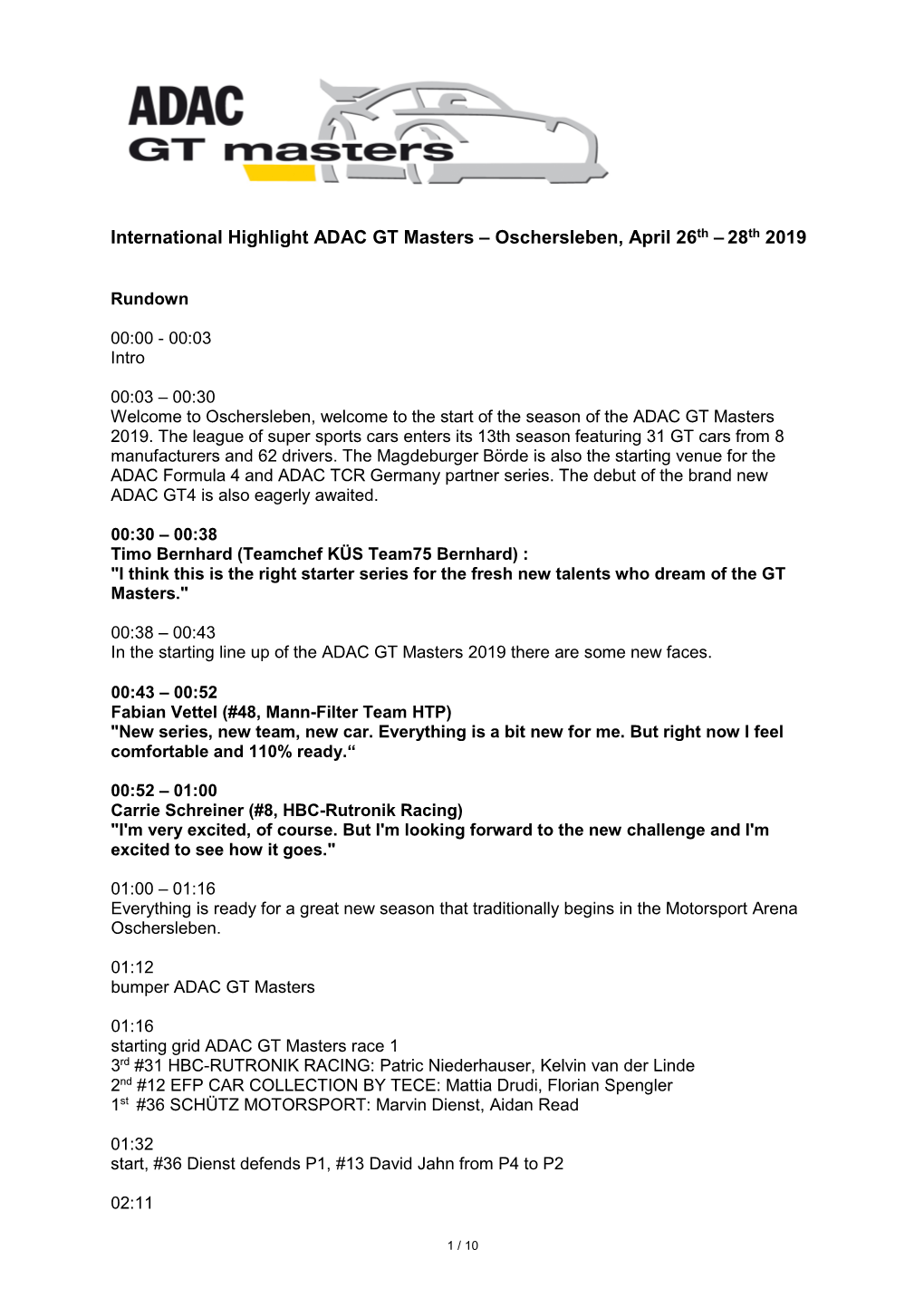 International Highlight ADAC GT Masters – Oschersleben, April 26Th – 28Th 2019
