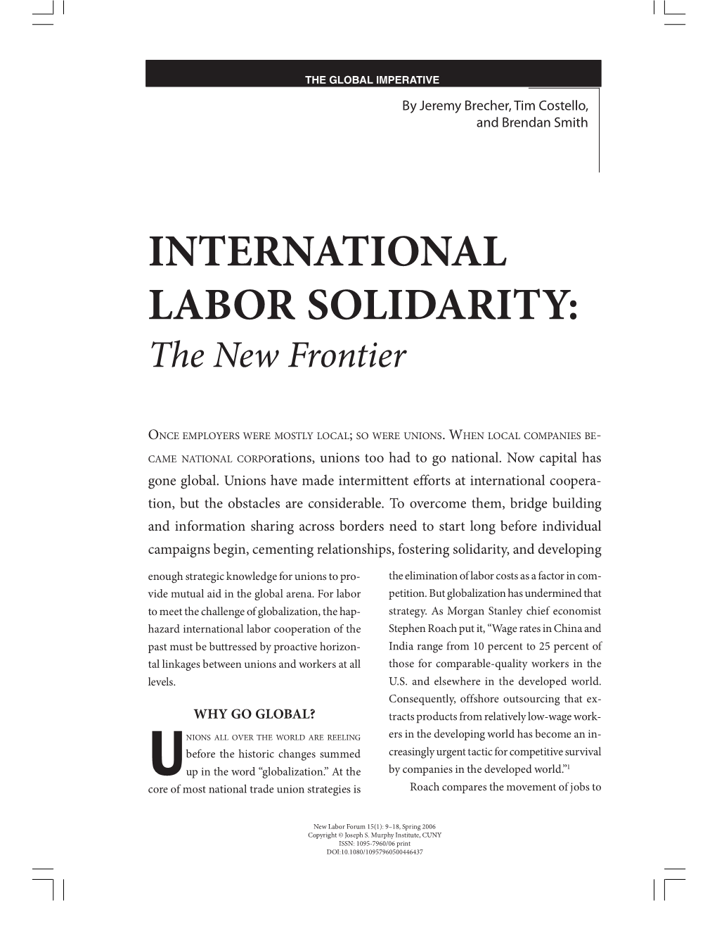 INTERNATIONAL LABOR SOLIDARITY: the New Frontier