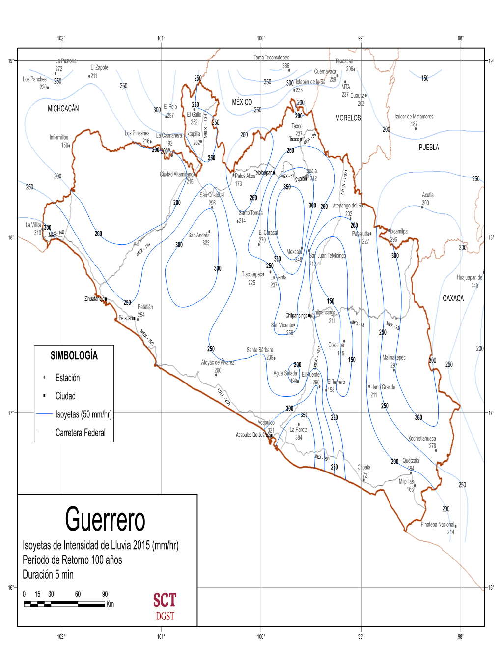 Guerrero 214 Isoyetas De Intensidad De Lluvia 2015 (Mm/Hr) Período De Retorno 100 Años Duración 5 Min 16° 16° 015 30 60 90 Km DGST