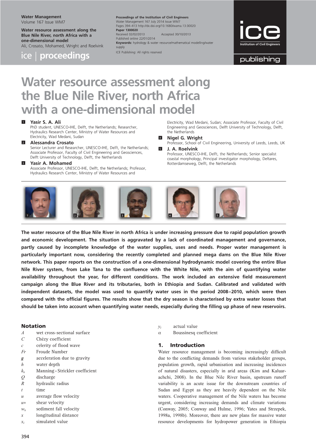 Water Resource Assessment Along the Blue Nile River, North Africa with a One-Dimensional Model J1 Yasir S