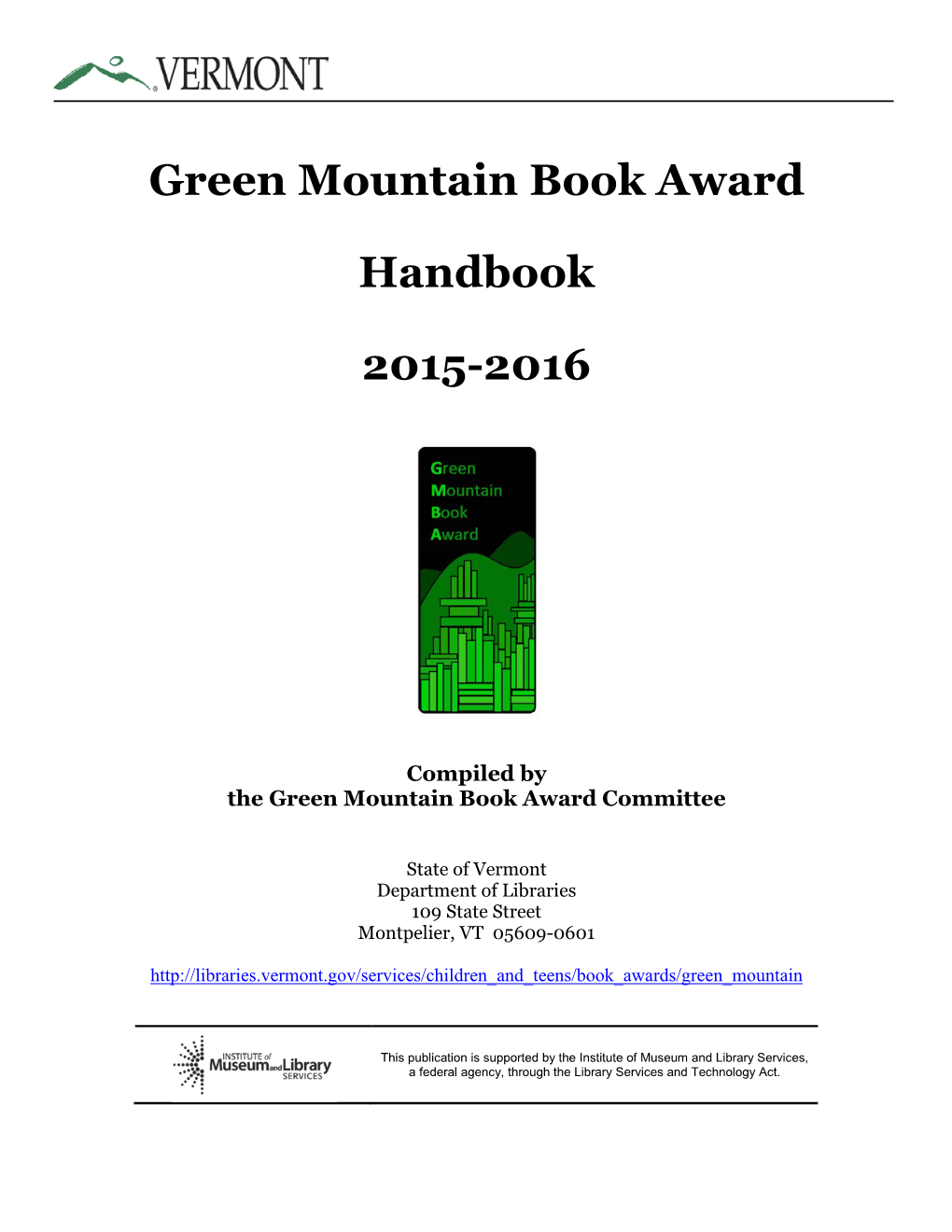 Green Mountain Book Award Handbook 2015-2016